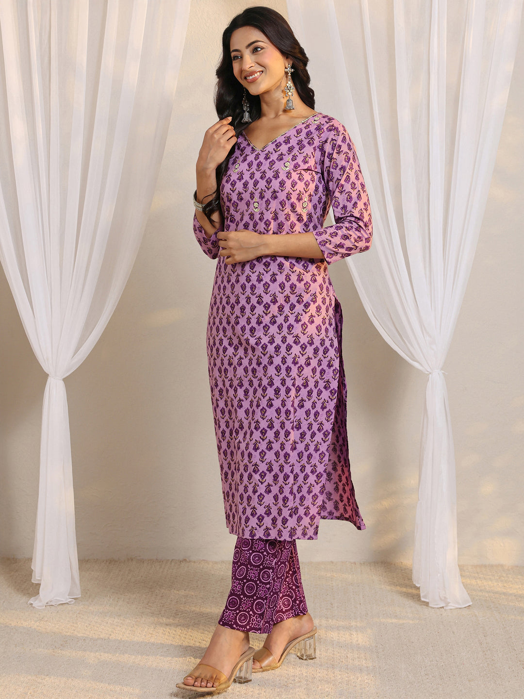  Purple Floral Printed Cotton Straight Suit Set With Dupatta 