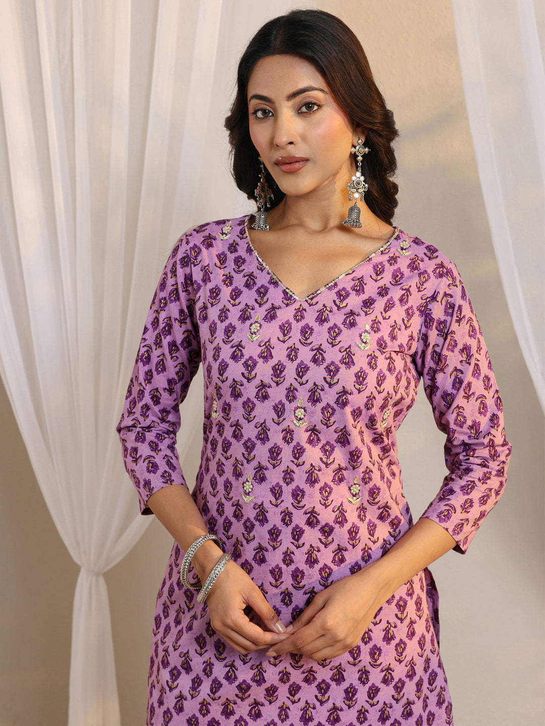  Purple Floral Printed Cotton Straight Suit Set With Dupatta 