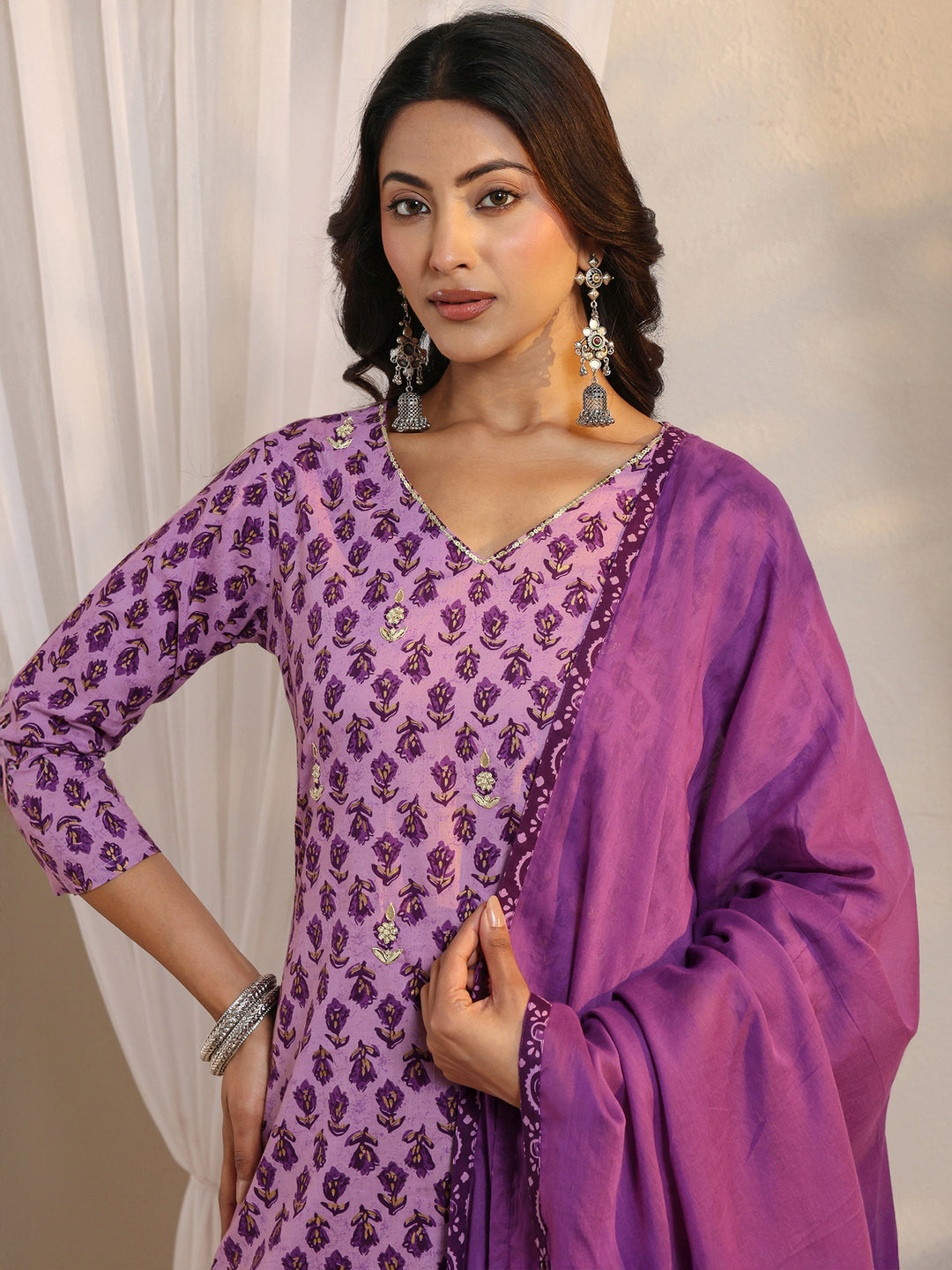  Purple Floral Printed Cotton Straight Suit Set With Dupatta 