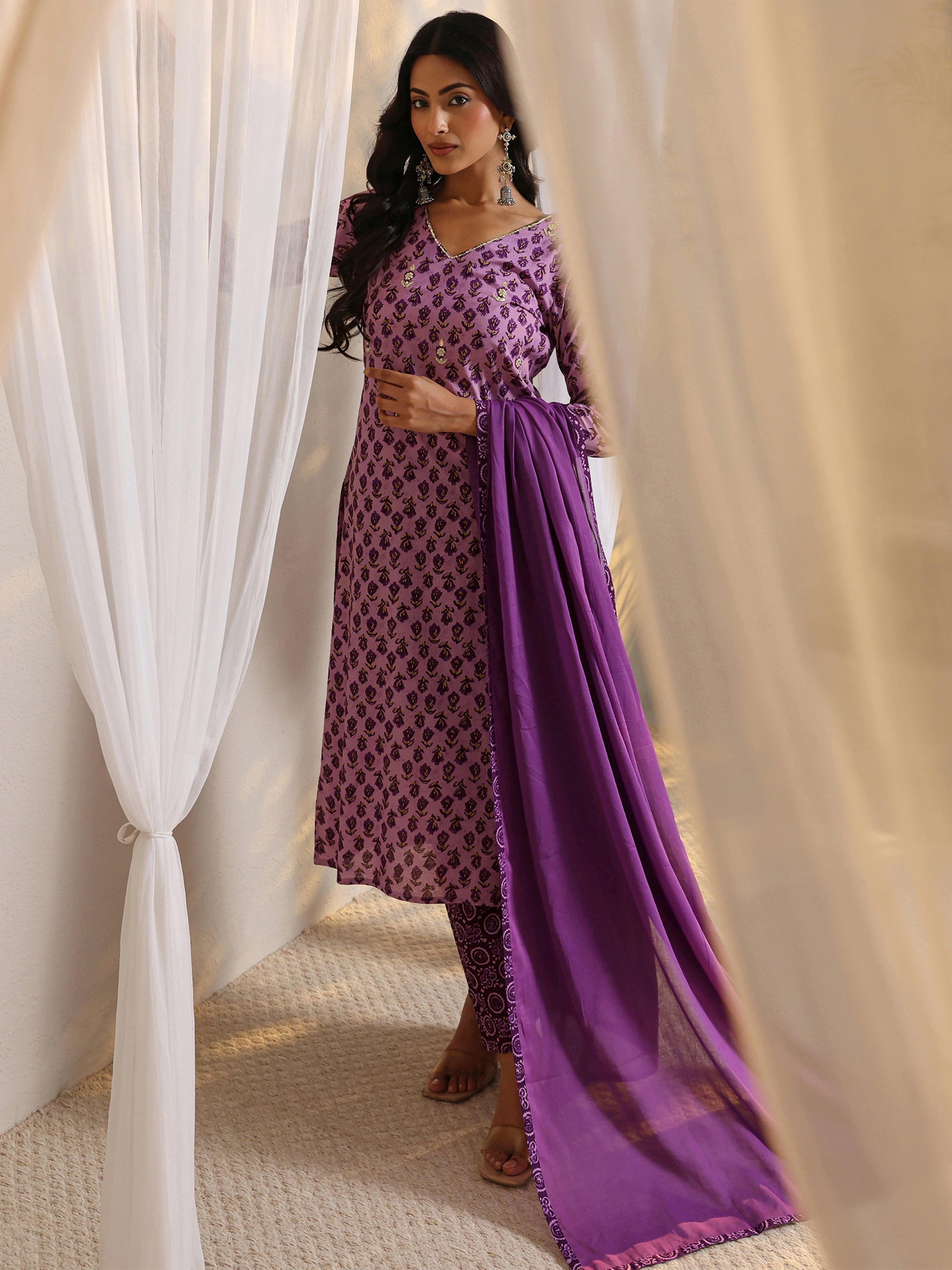 libas Purple Floral Printed Cotton Straight Suit Set With Dupatta-picture-24