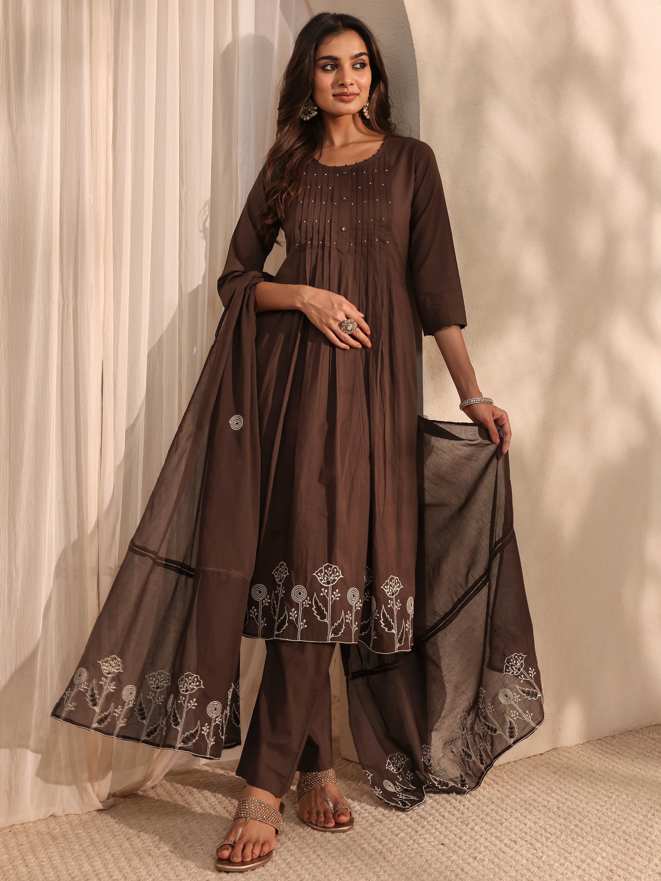 Brown Embroidered Cotton A-Line Suit Set With Dupatta-image-34