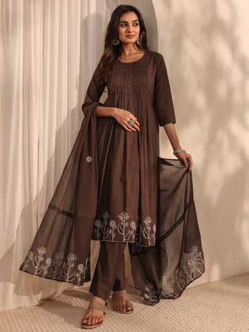 Brown Embroidered Cotton A-Line Suit Set With Dupatta