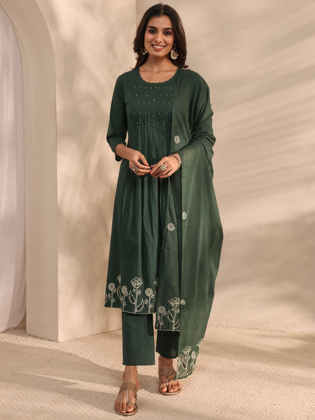  Green Solid Embroidered Cotton A-Line Suit Set With Dupatta 