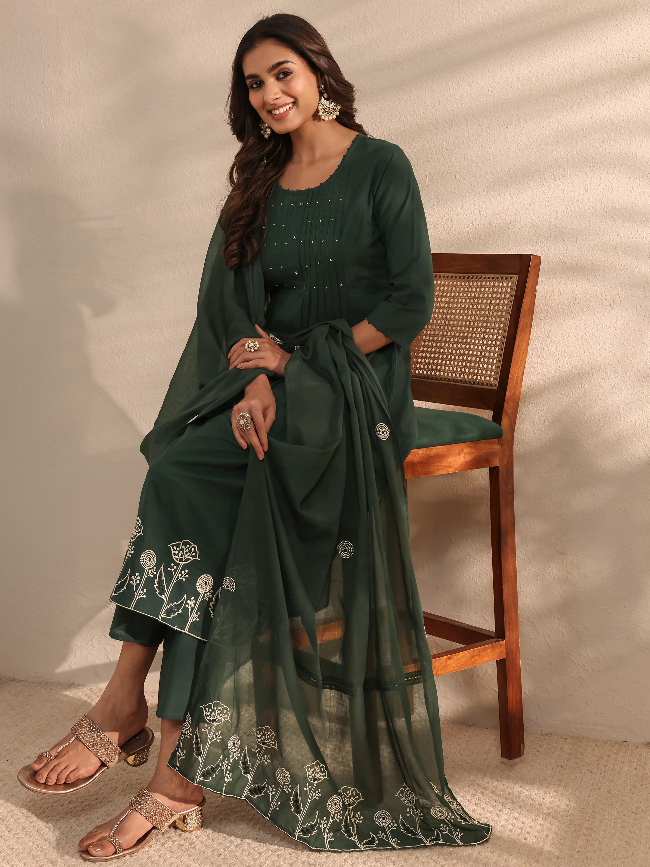 libas Green Solid Embroidered Cotton A-Line Suit Set With Dupatta-picture-15