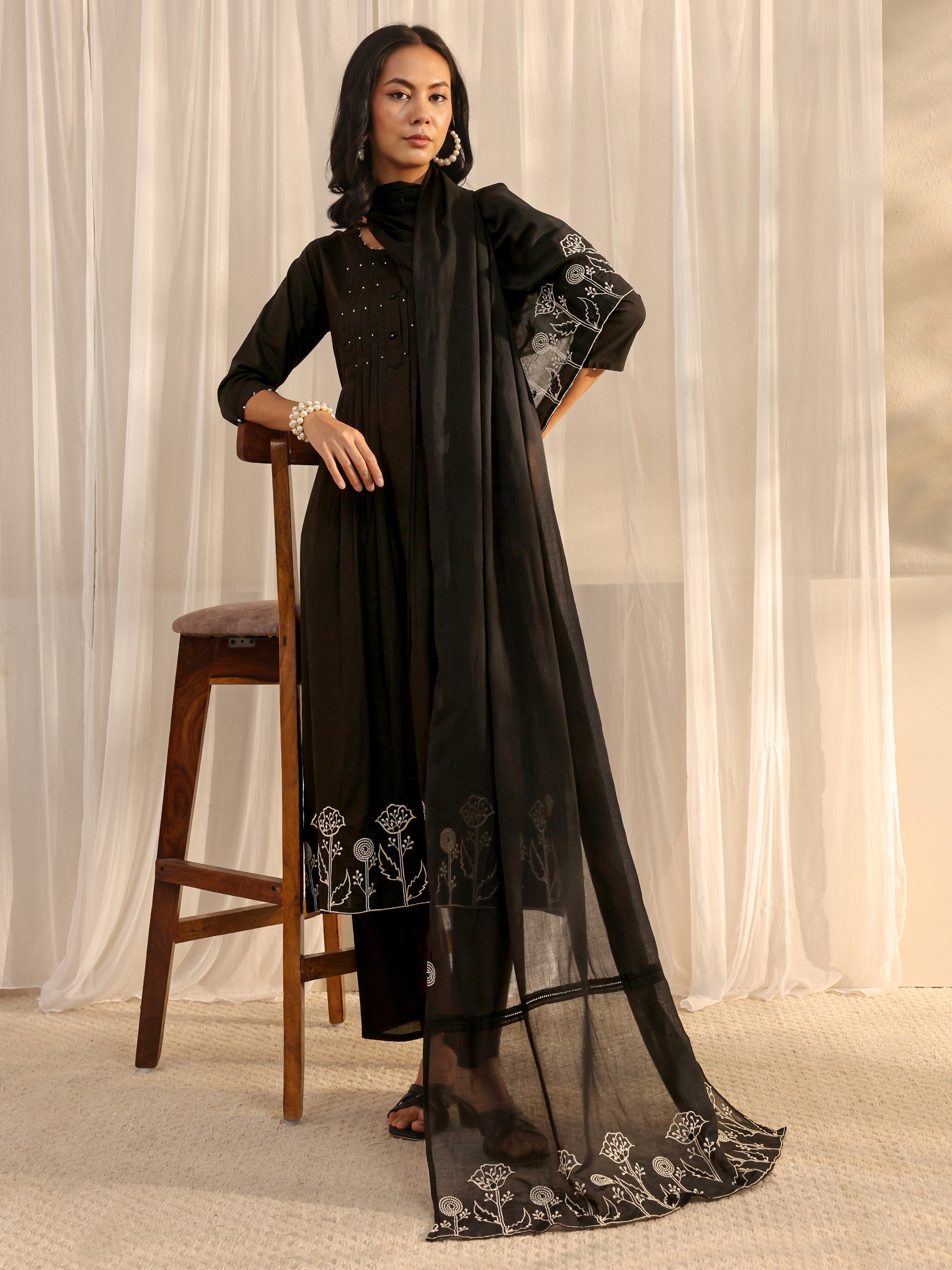 libas Black Solid Cotton A-Line Suit Set With Dupatta-picture-24