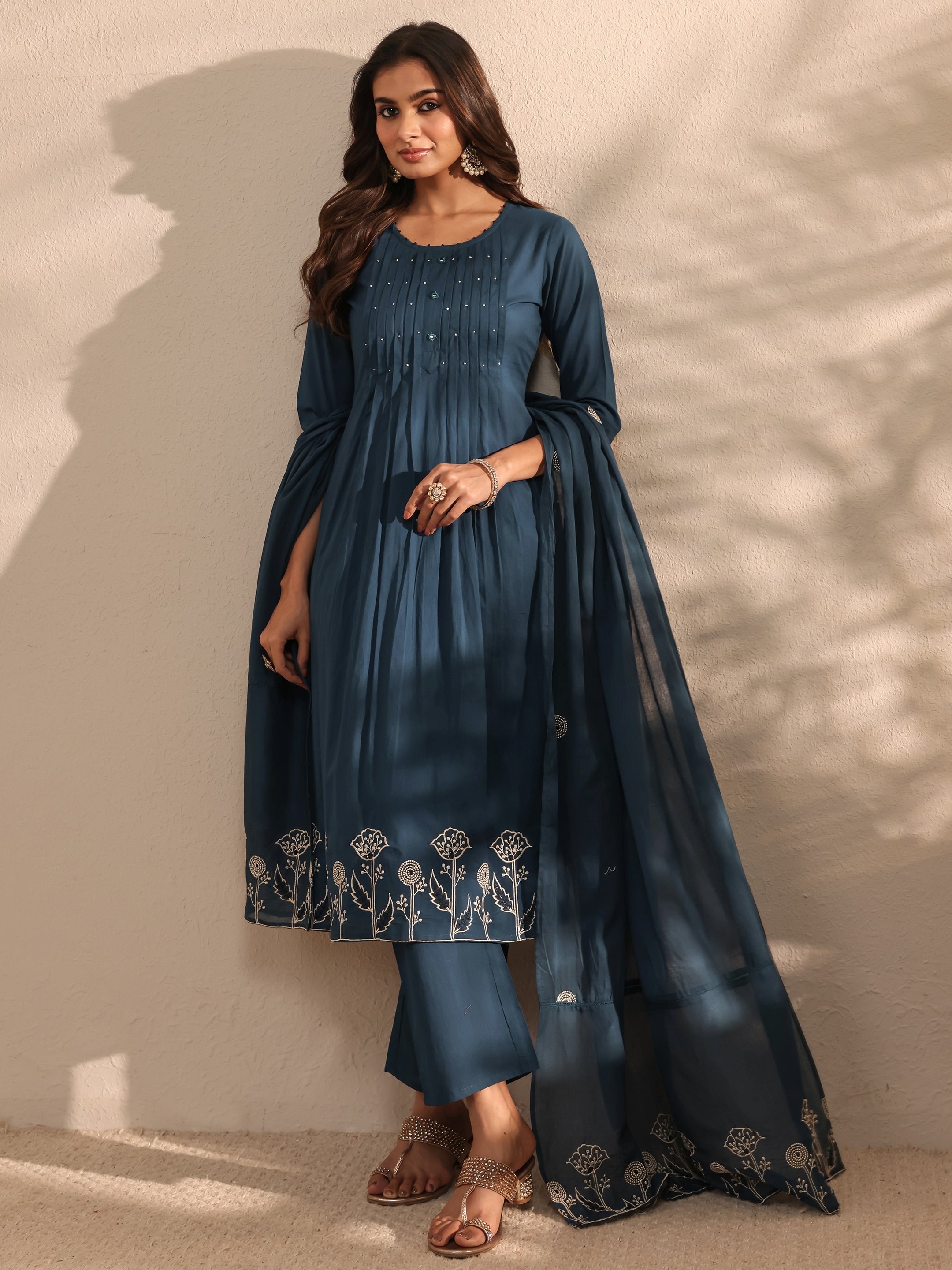 libas Teal Solid Embroidered Cotton A-Line Suit Set With Dupatta-picture-19