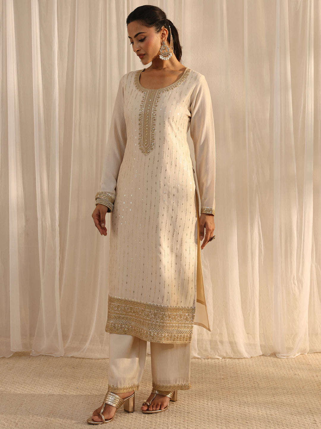  Ivory Embellished Silk Blend Straight Suit Set With Dupatta 