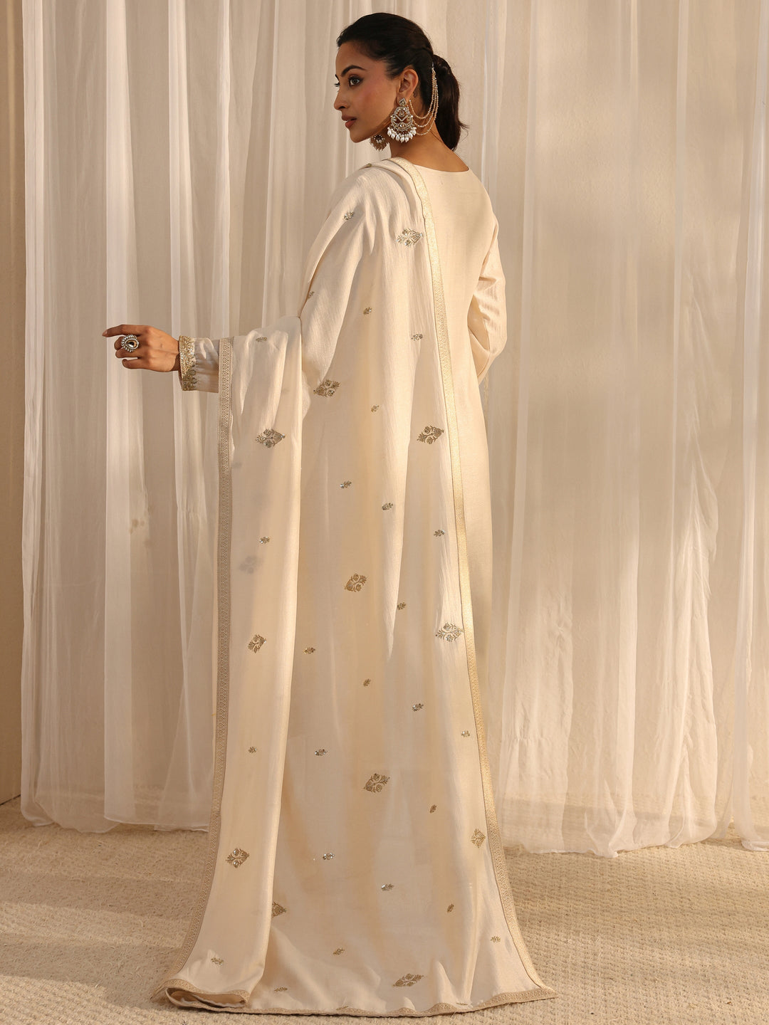  Ivory Embellished Silk Blend Straight Suit Set With Dupatta 