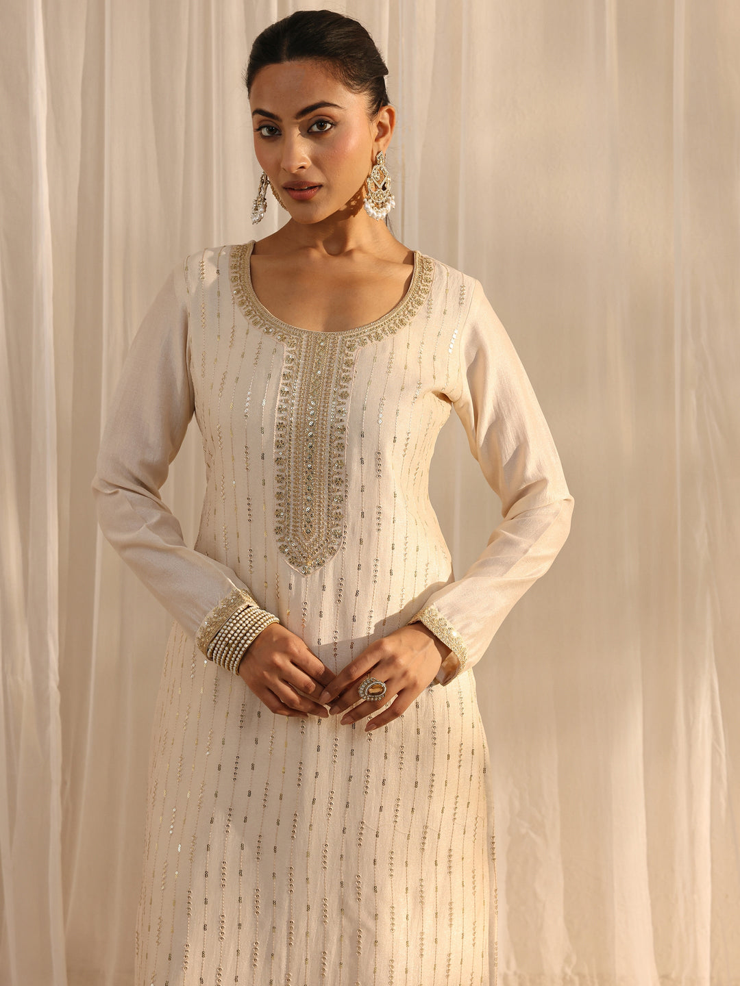  Ivory Embellished Silk Blend Straight Suit Set With Dupatta 
