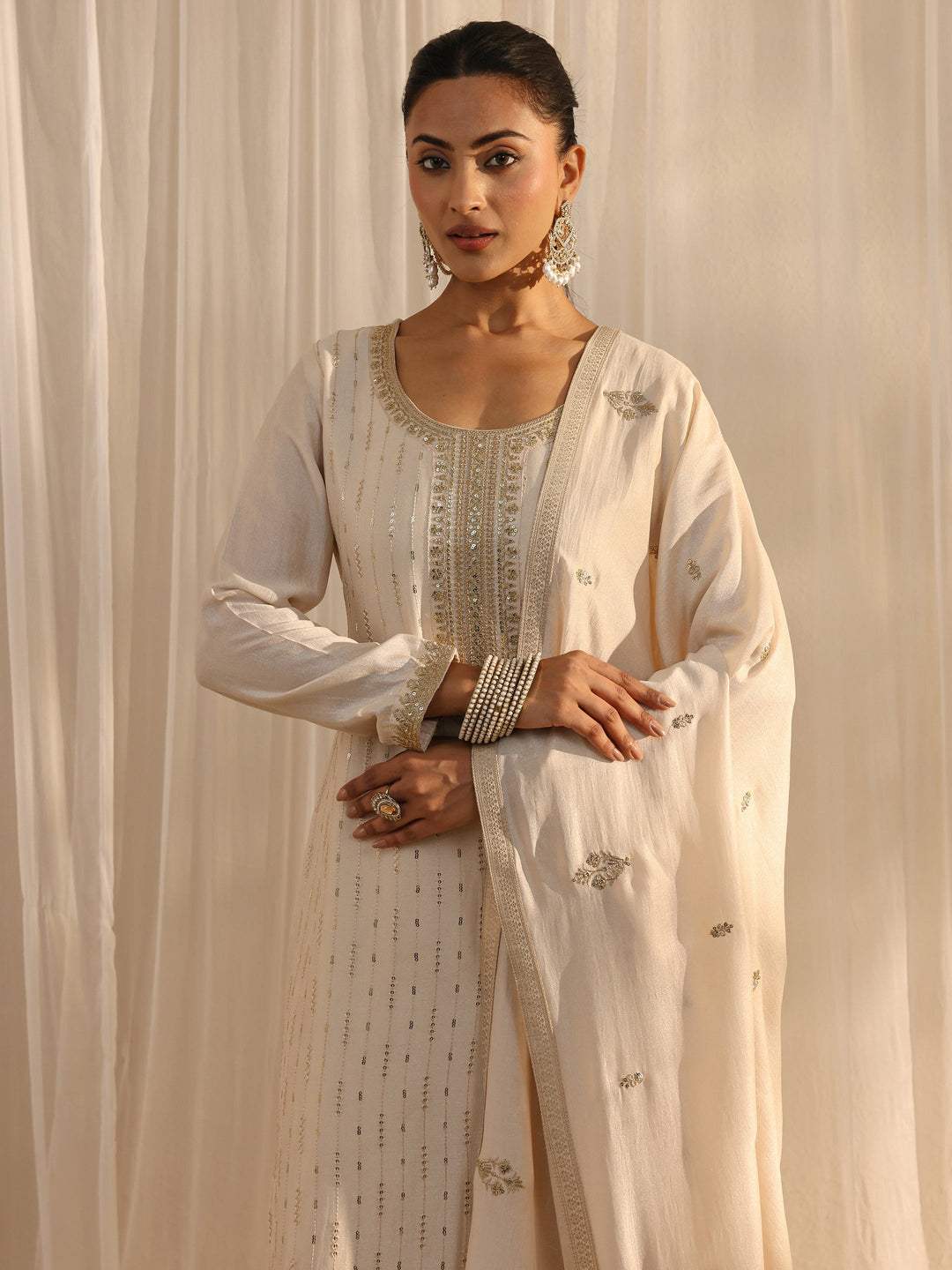  Ivory Embellished Silk Blend Straight Suit Set With Dupatta 