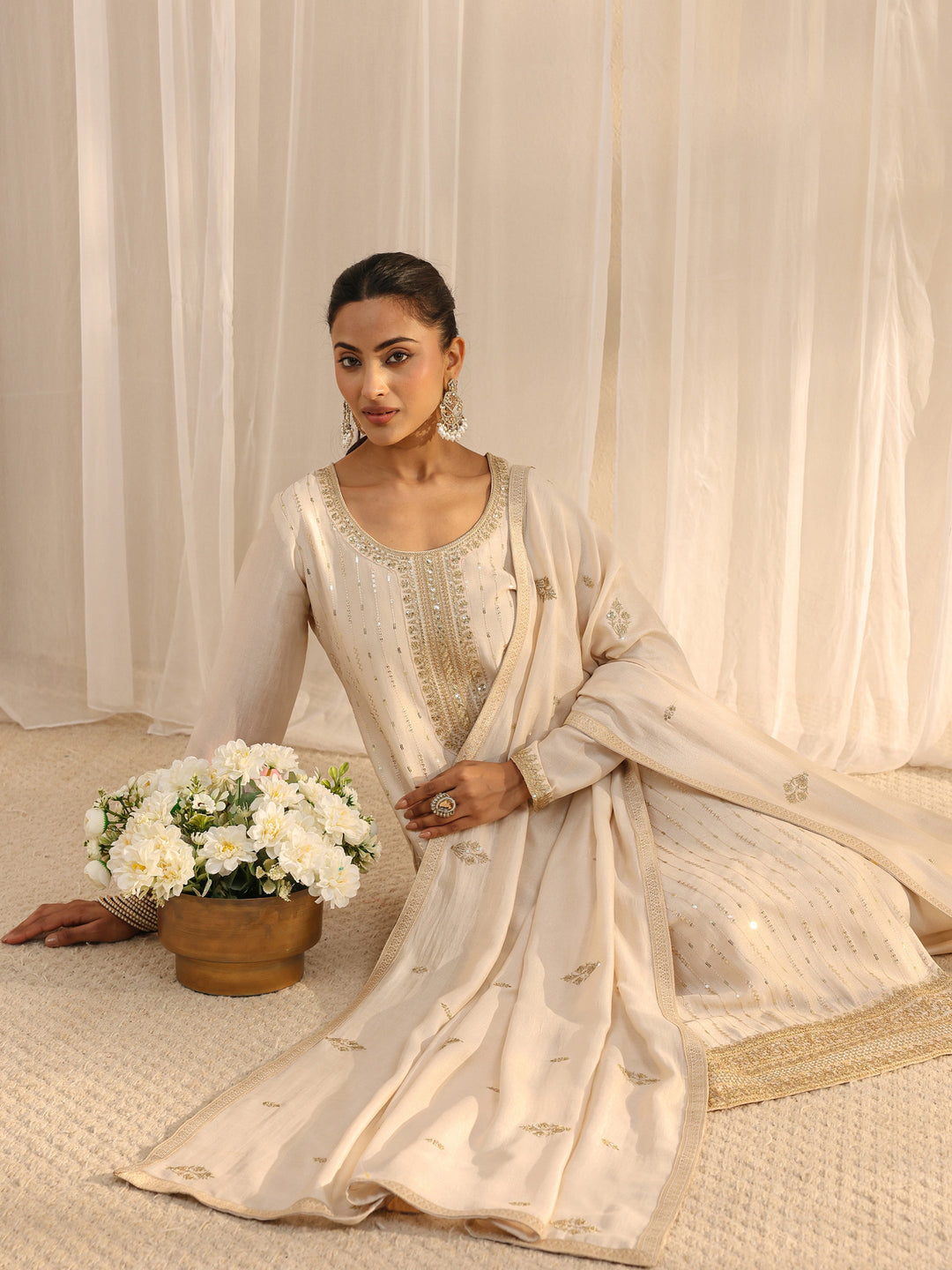  Ivory Embellished Silk Blend Straight Suit Set With Dupatta 