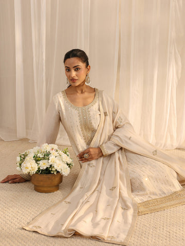 Ivory Embellished Silk Blend Straight Suit Set With Dupatta