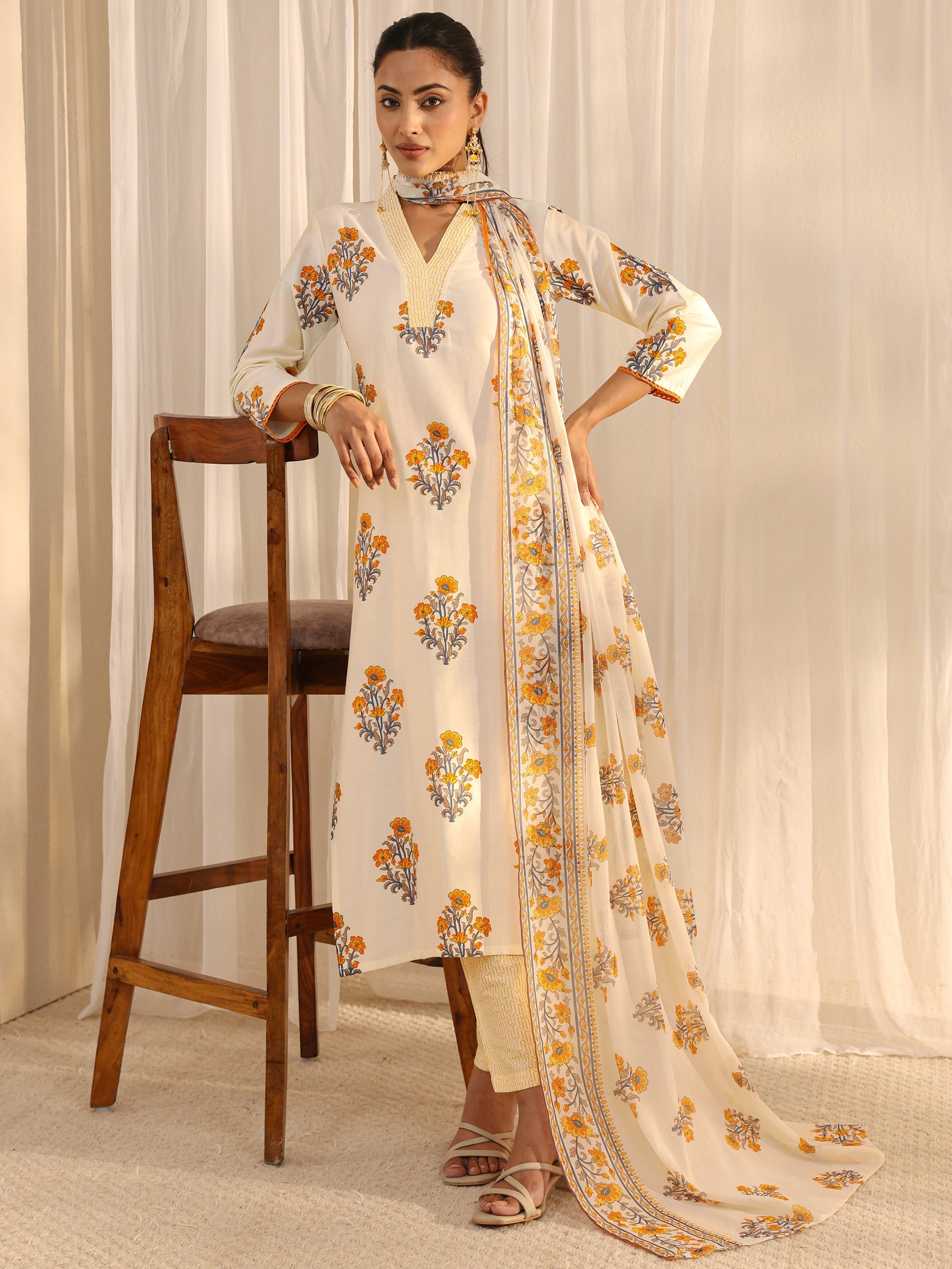 Libas Off White Floral Printed Chanderi Silk Straight Suit Set With Dupatta-picture-35