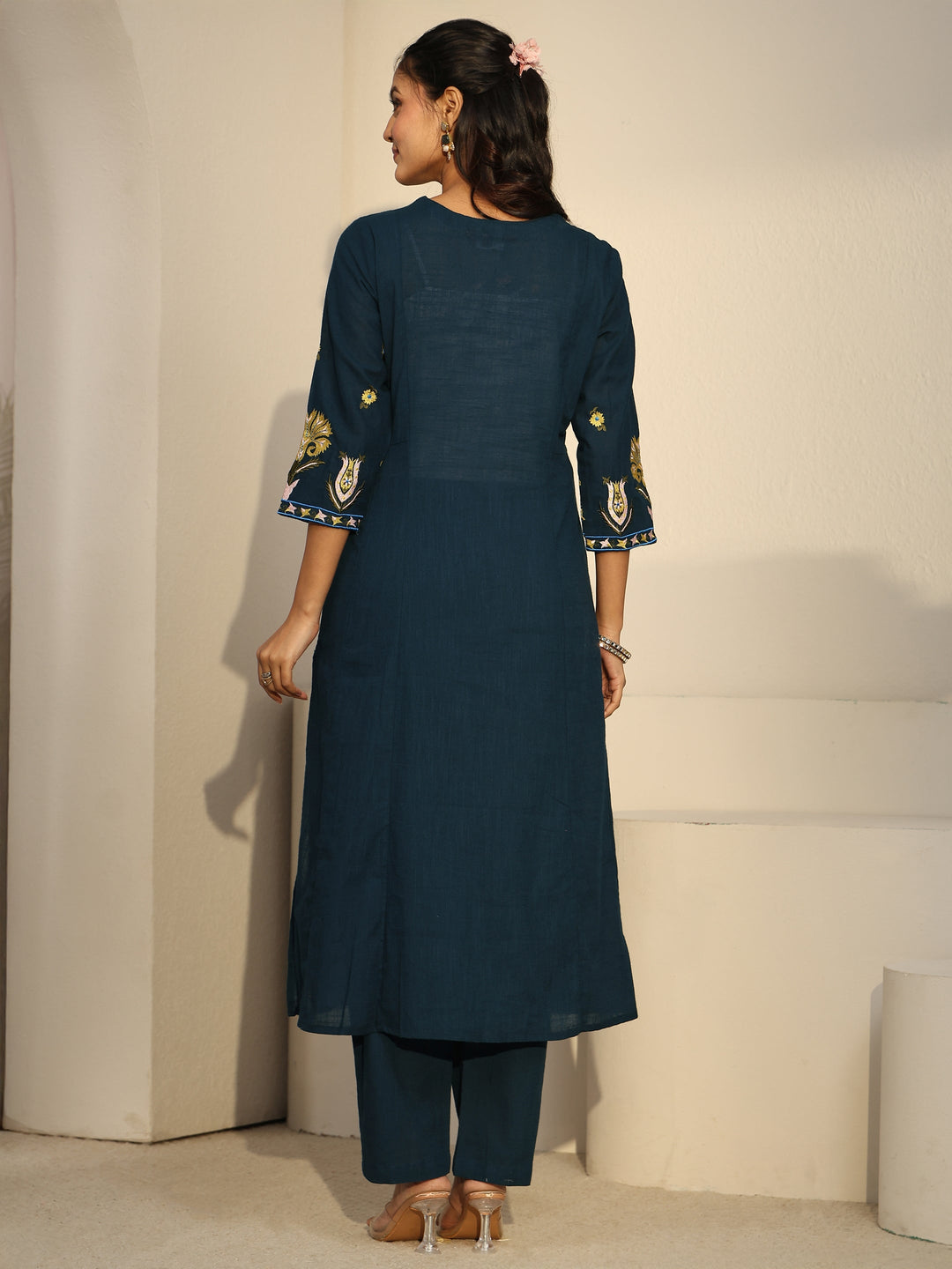  Libas Teal Blue Cotton A-line Kurta Set 