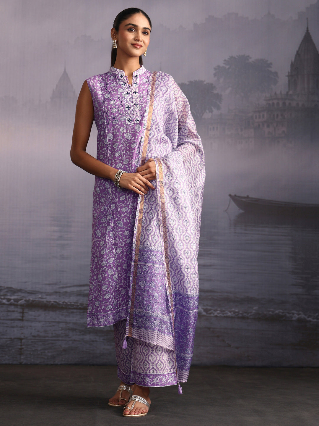  Libas Lavender Floral Printed Sleeveless Cotton Palazzo Suit Set 