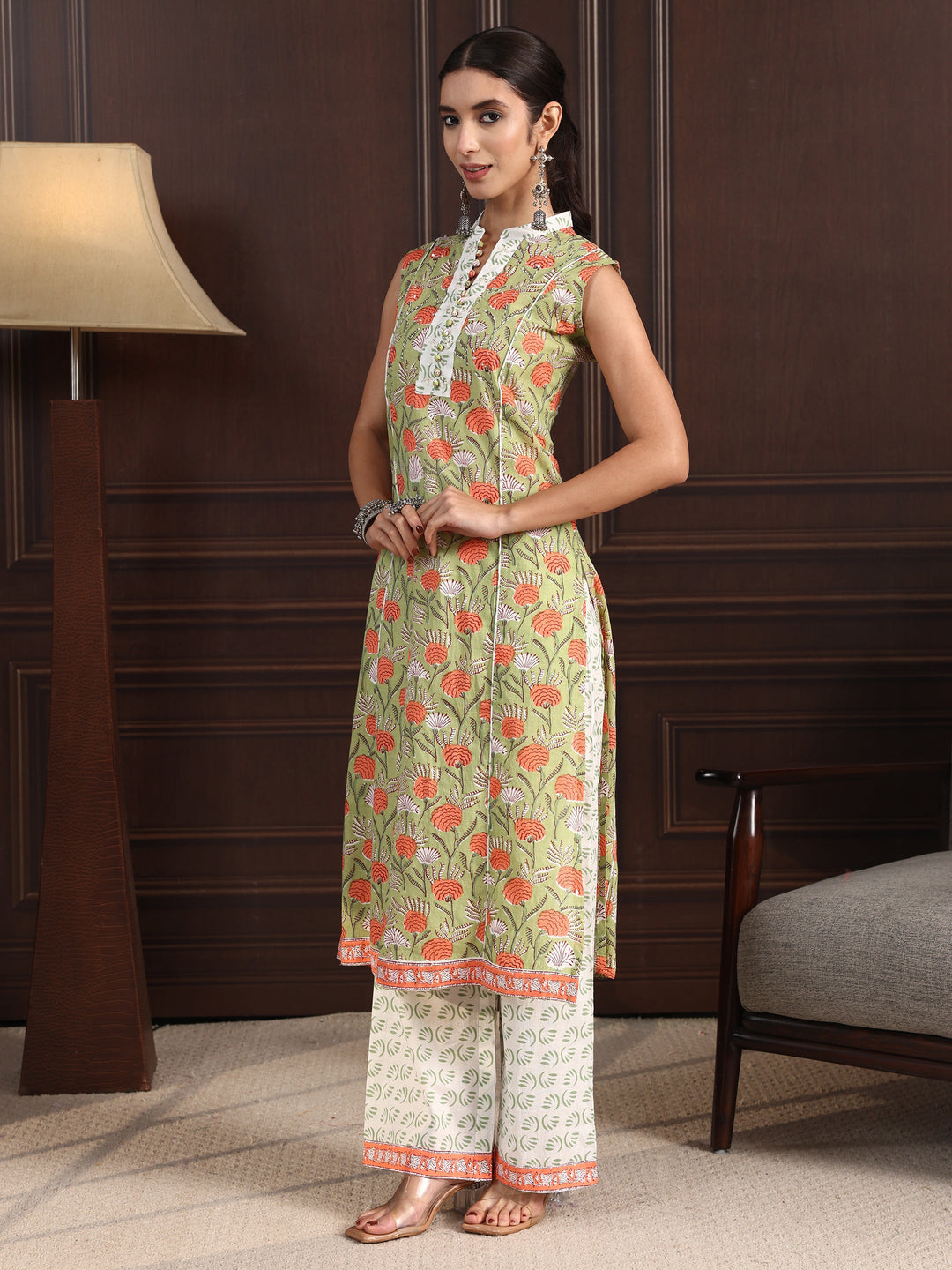  Libas Green Floral Printed Sleeveless Cotton Palazzo Suit Set 