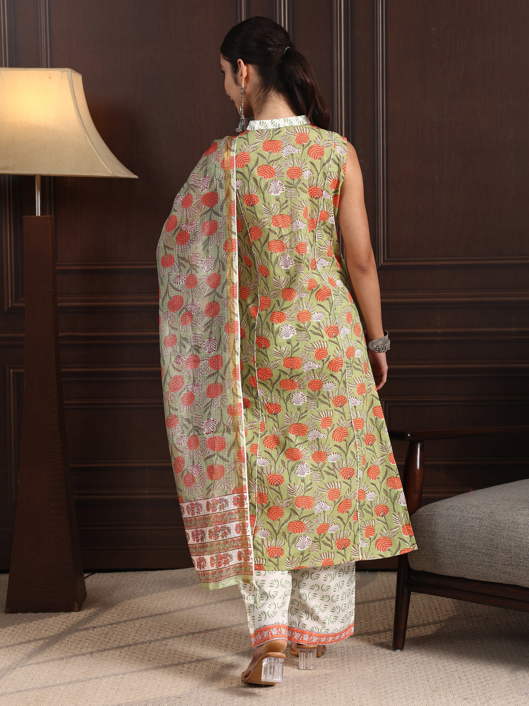  Libas Green Floral Printed Sleeveless Cotton Palazzo Suit Set 