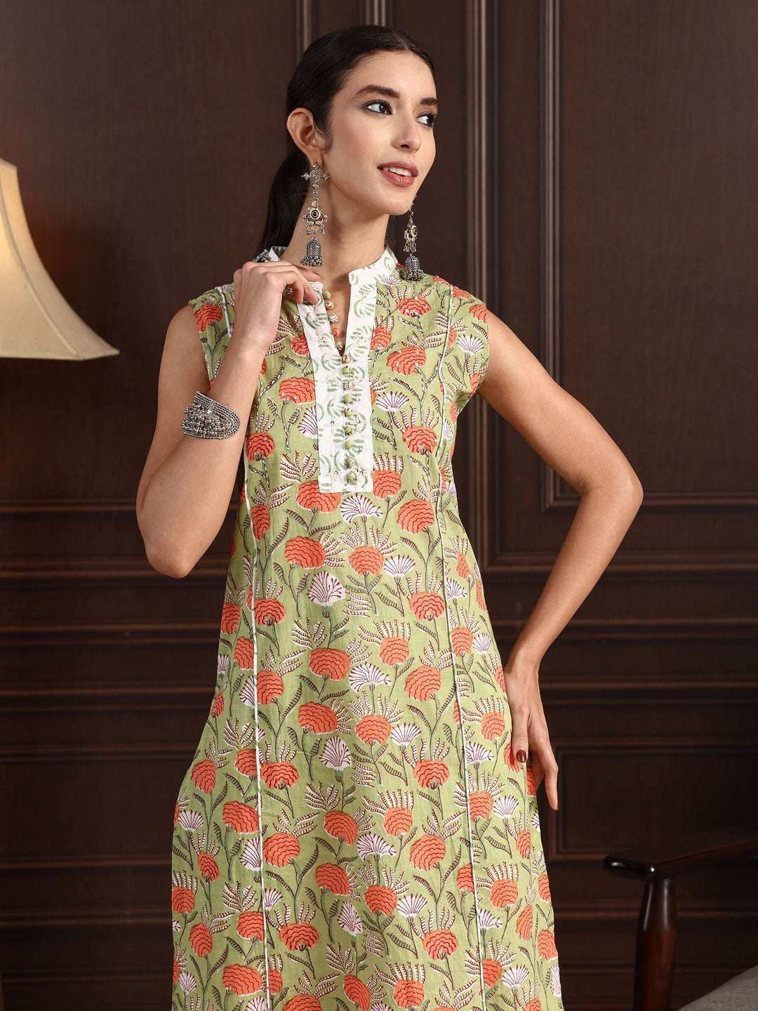  Libas Green Floral Printed Sleeveless Cotton Palazzo Suit Set 