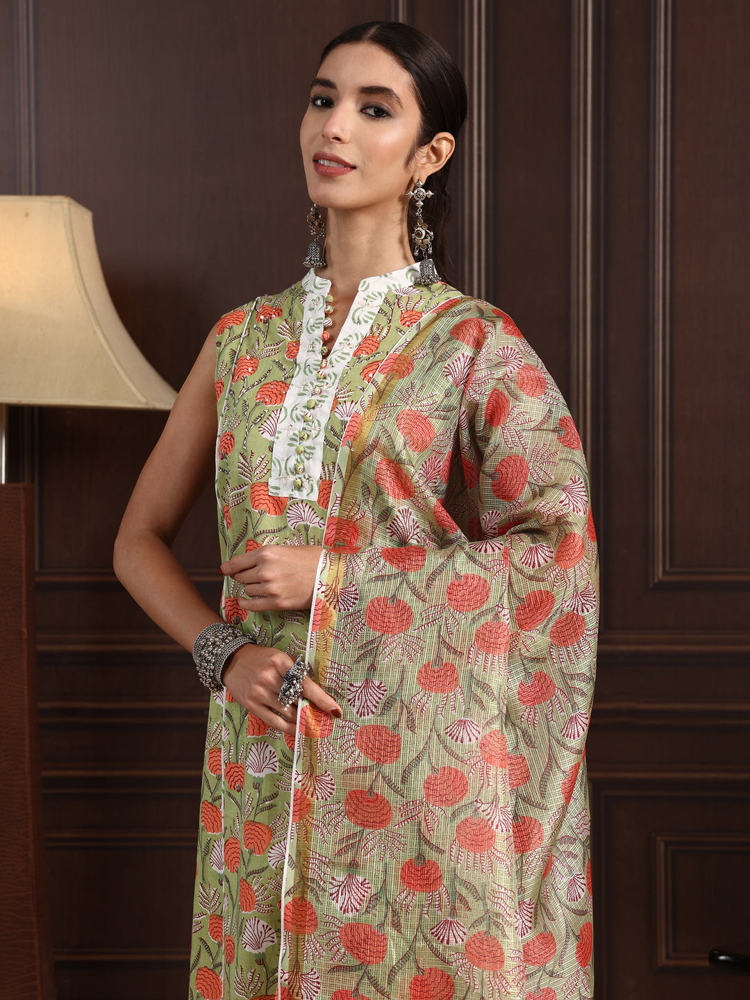  Libas Green Floral Printed Sleeveless Cotton Palazzo Suit Set 