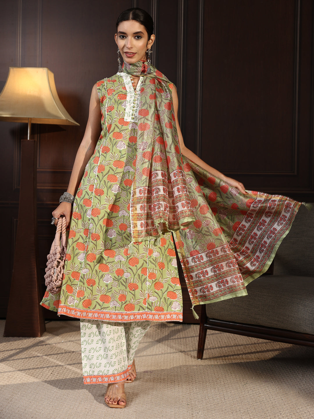  Libas Green Floral Printed Sleeveless Cotton Palazzo Suit Set 