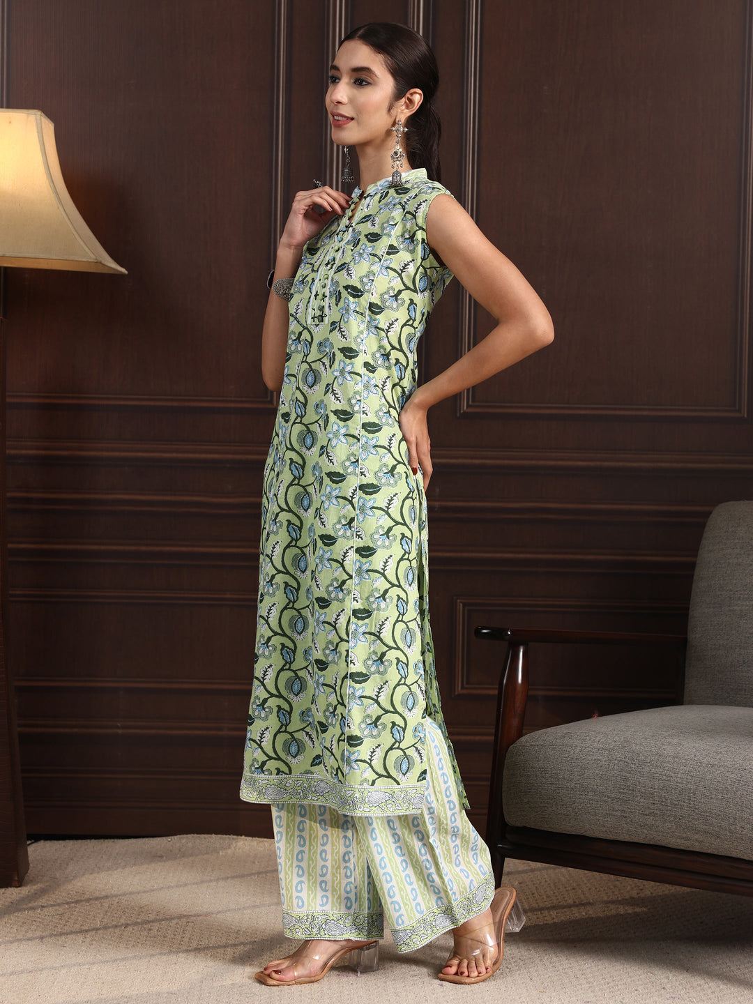  Libas Green Floral Printed Sleeveless Cotton Palazzo Suit Set 
