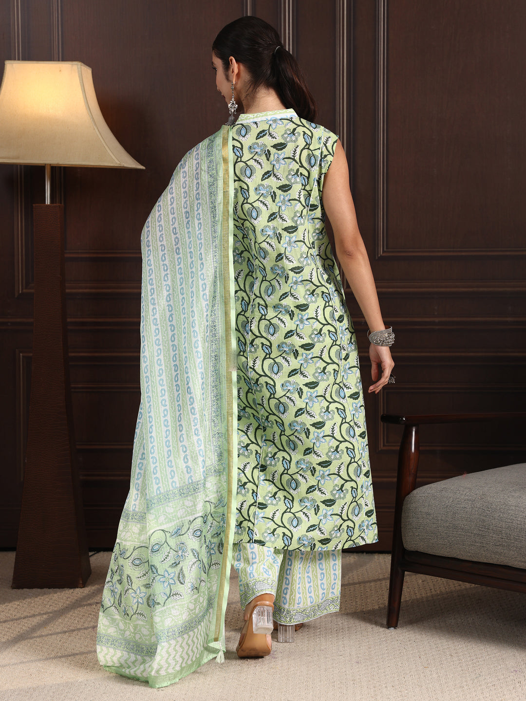  Libas Green Floral Printed Sleeveless Cotton Palazzo Suit Set 