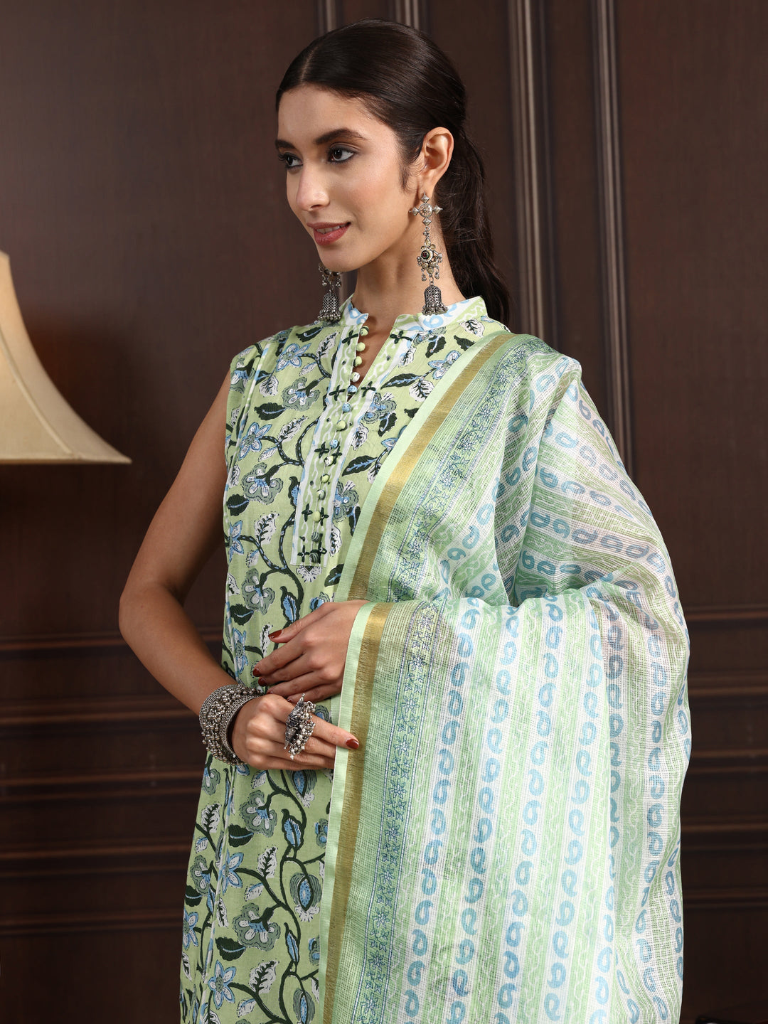  Libas Green Floral Printed Sleeveless Cotton Palazzo Suit Set 