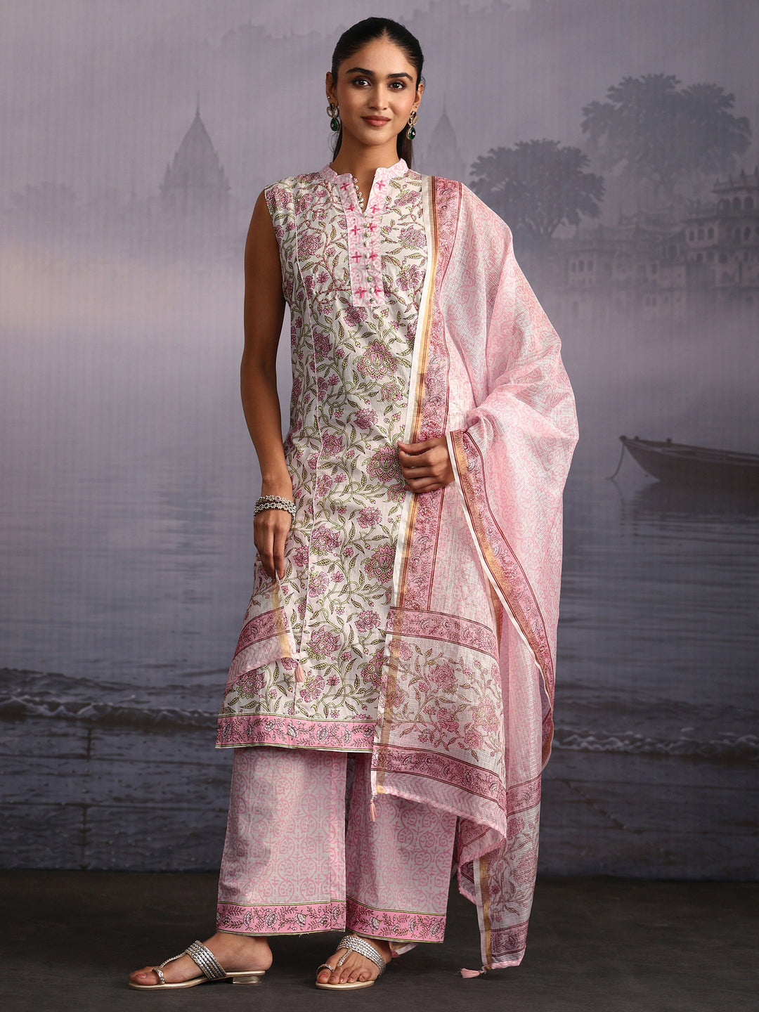  Libas White Floral Printed Sleeveless Cotton Palazzo Suit Set 