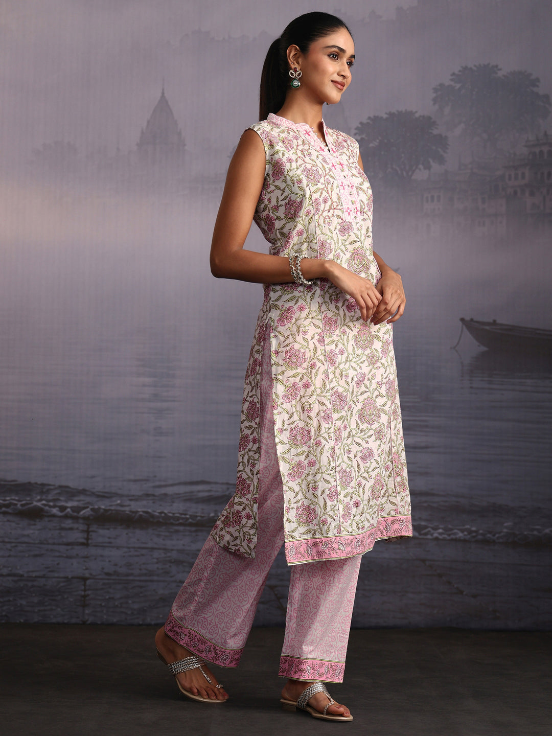  Libas White Floral Printed Sleeveless Cotton Palazzo Suit Set 