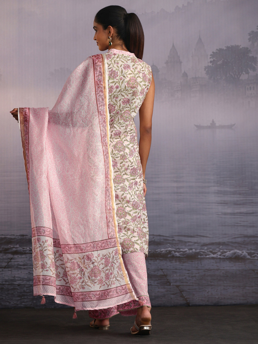  Libas White Floral Printed Sleeveless Cotton Palazzo Suit Set 