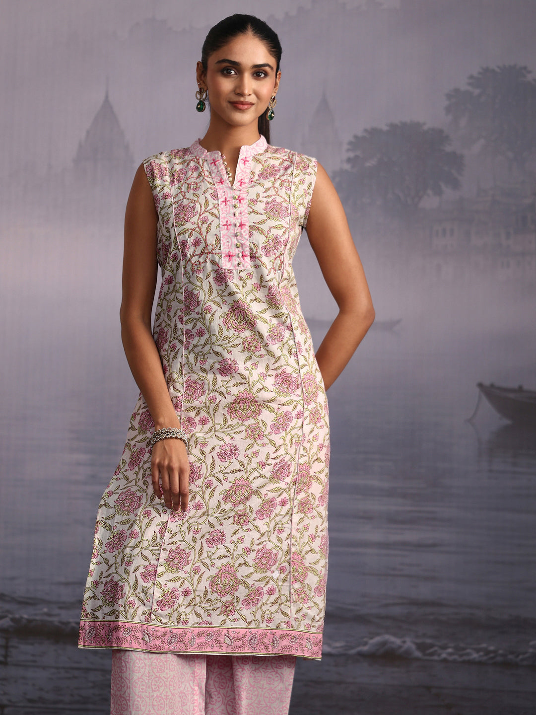  Libas White Floral Printed Sleeveless Cotton Palazzo Suit Set 