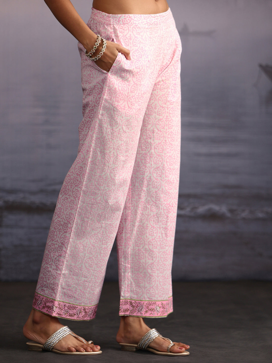  Libas White Floral Printed Sleeveless Cotton Palazzo Suit Set 