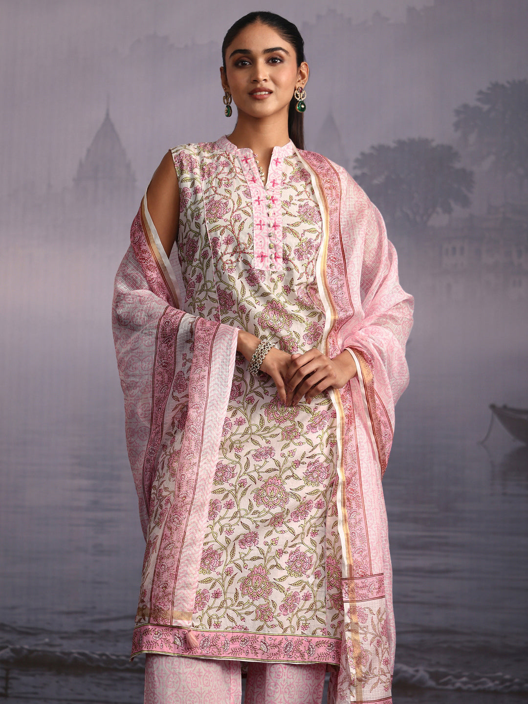  Libas White Floral Printed Sleeveless Cotton Palazzo Suit Set 