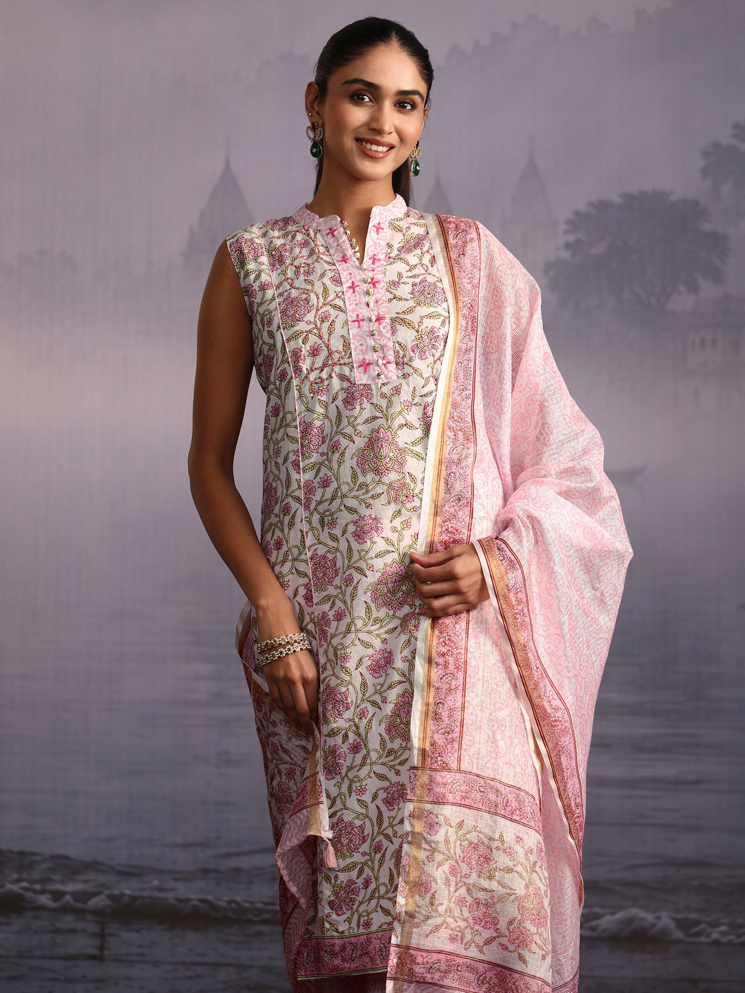  Libas White Floral Printed Sleeveless Cotton Palazzo Suit Set 