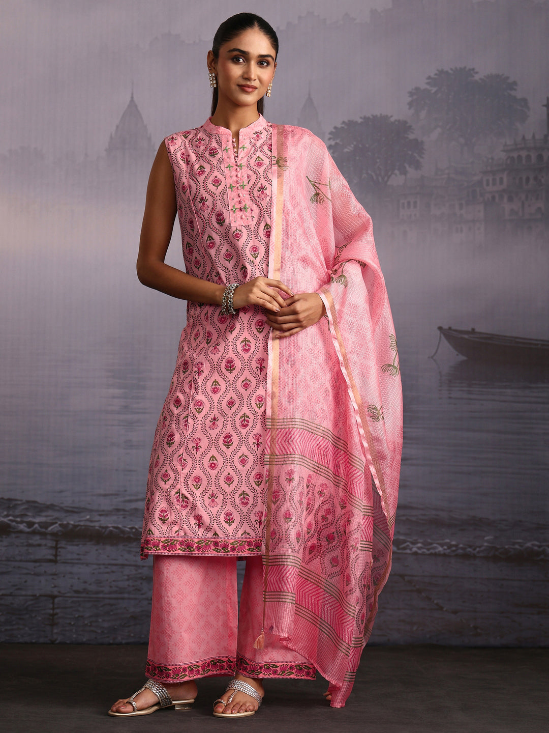  Libas Pink Floral Printed Sleeveless Cotton Palazzo Suit Set 
