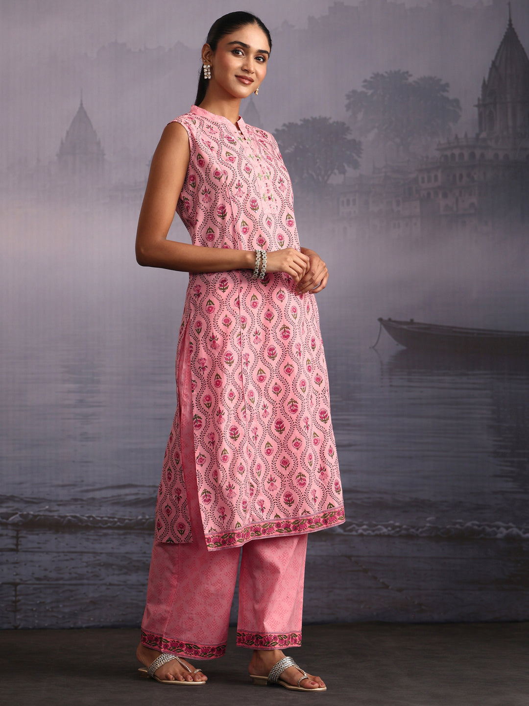  Libas Pink Floral Printed Sleeveless Cotton Palazzo Suit Set 