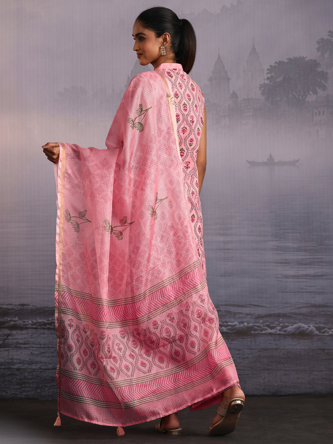  Libas Pink Floral Printed Sleeveless Cotton Palazzo Suit Set 