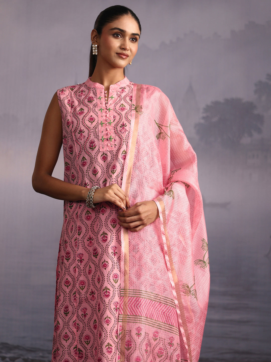  Libas Pink Floral Printed Sleeveless Cotton Palazzo Suit Set 