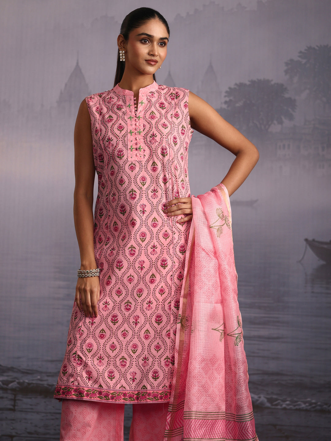  Libas Pink Floral Printed Sleeveless Cotton Palazzo Suit Set 