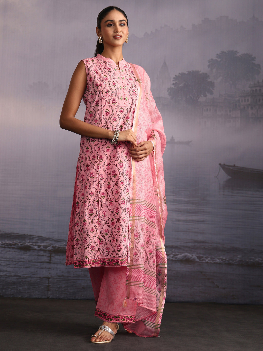  Libas Pink Floral Printed Sleeveless Cotton Palazzo Suit Set 