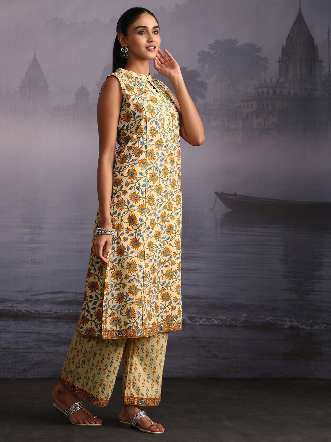  Libas Yellow Floral Printed Sleeveless Cotton Palazzo Suit Set 