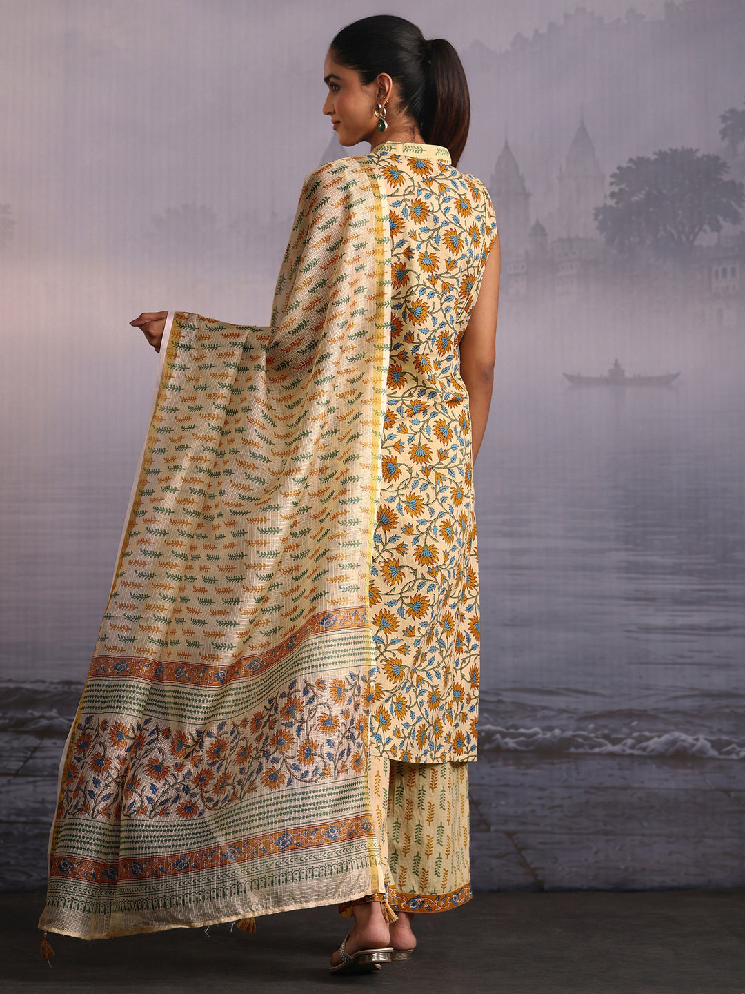  Libas Yellow Floral Printed Sleeveless Cotton Palazzo Suit Set 