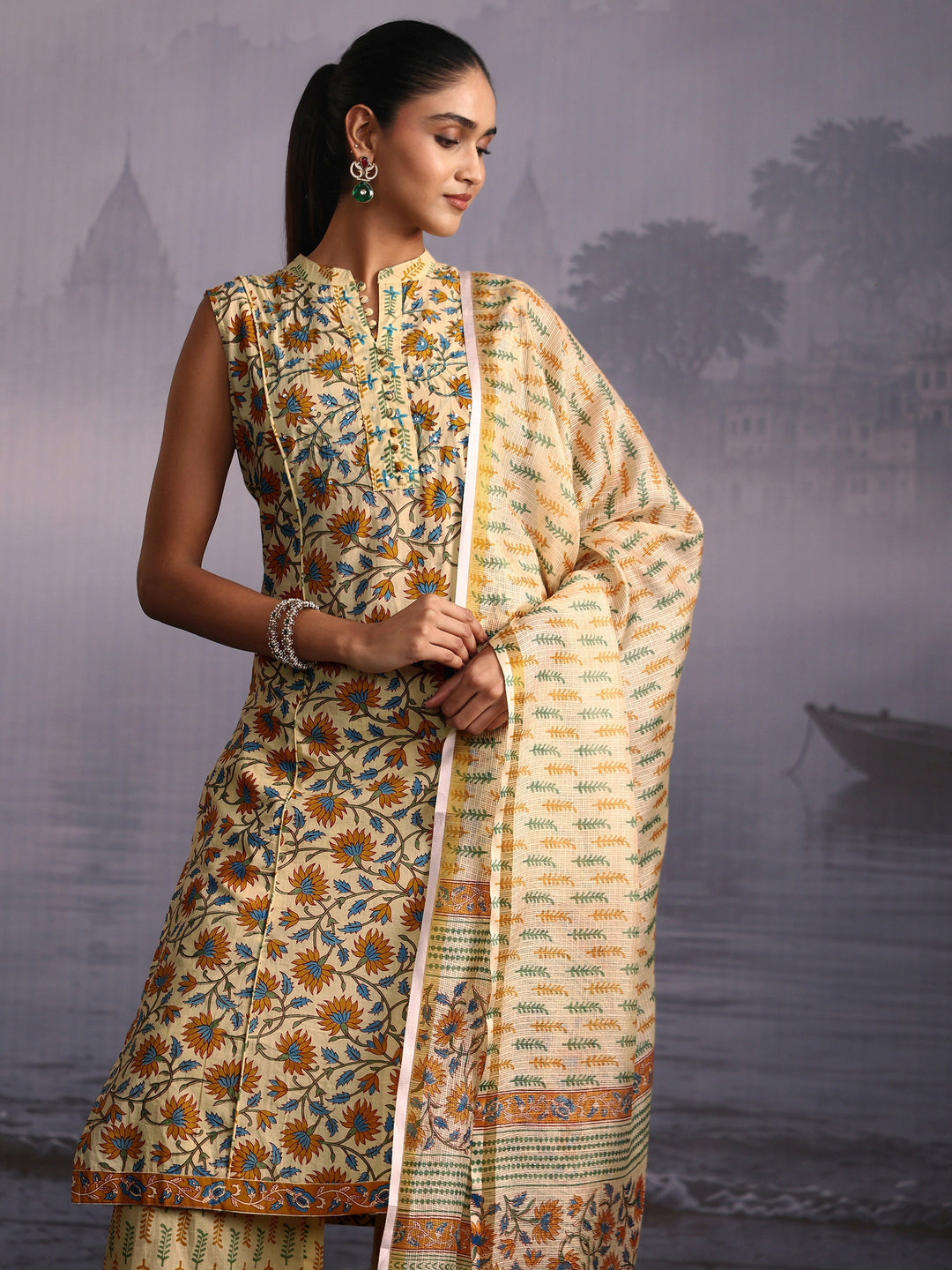  Libas Yellow Floral Printed Sleeveless Cotton Palazzo Suit Set 