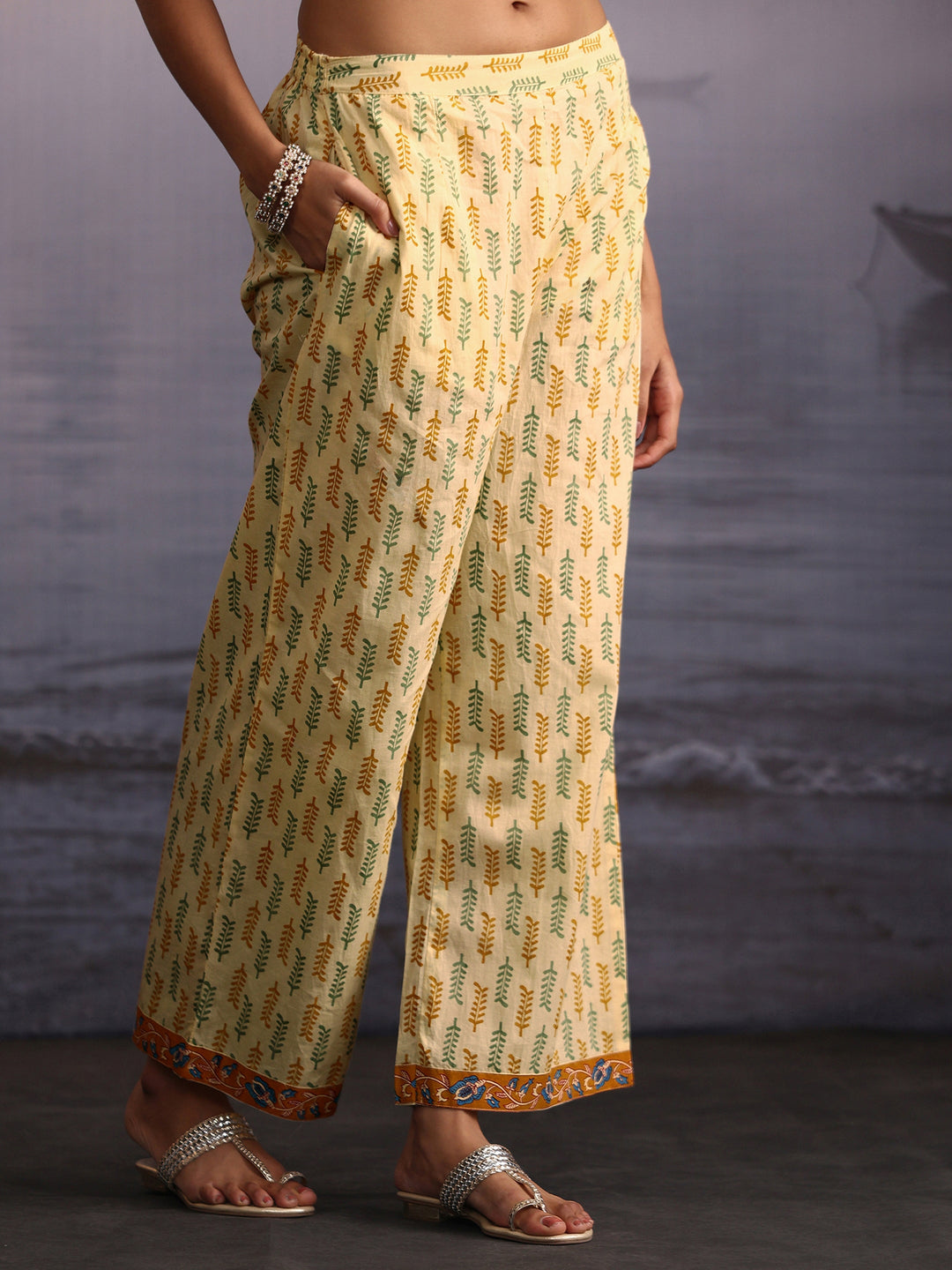  Libas Yellow Floral Printed Sleeveless Cotton Palazzo Suit Set 