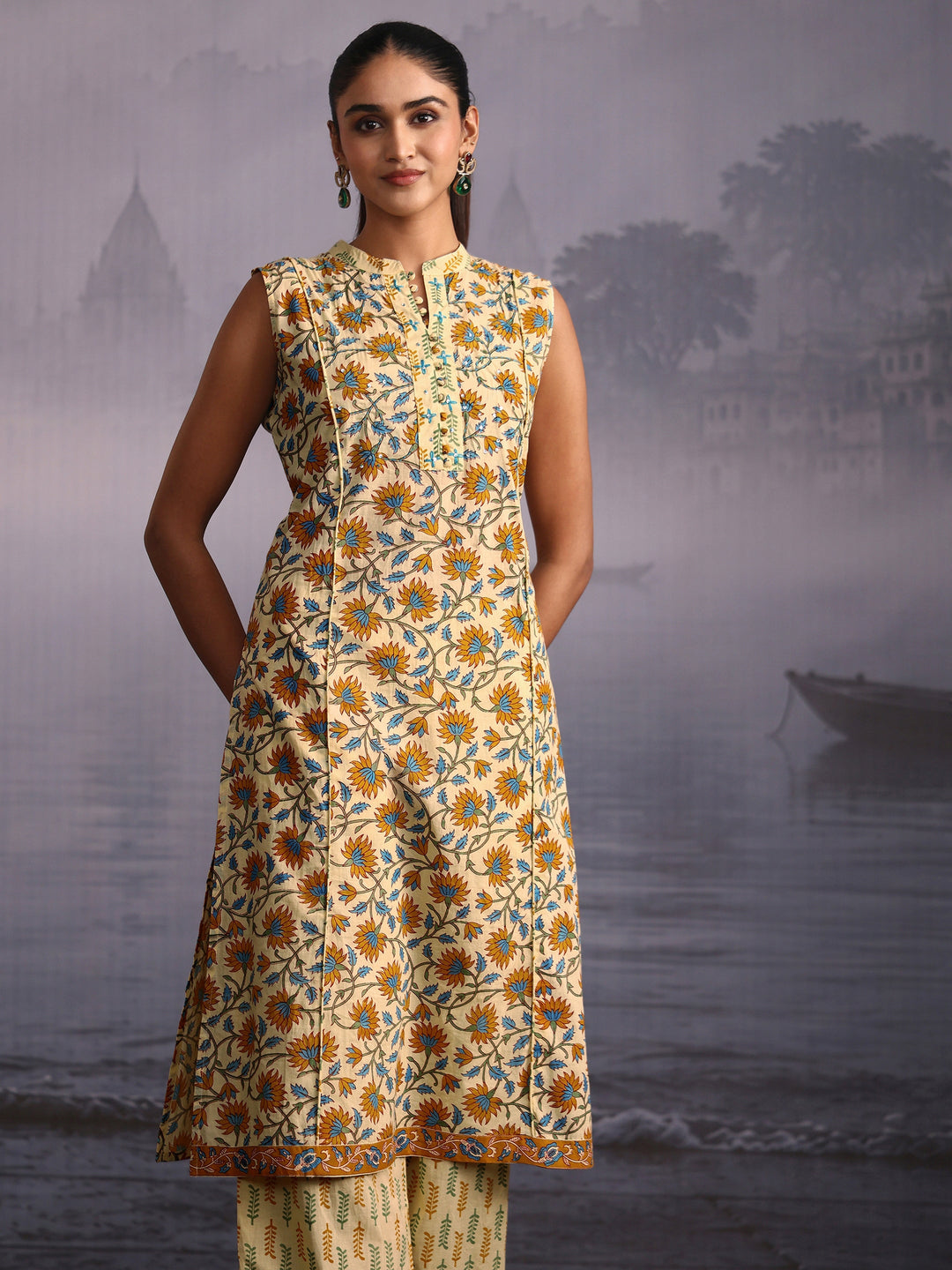  Libas Yellow Floral Printed Sleeveless Cotton Palazzo Suit Set 