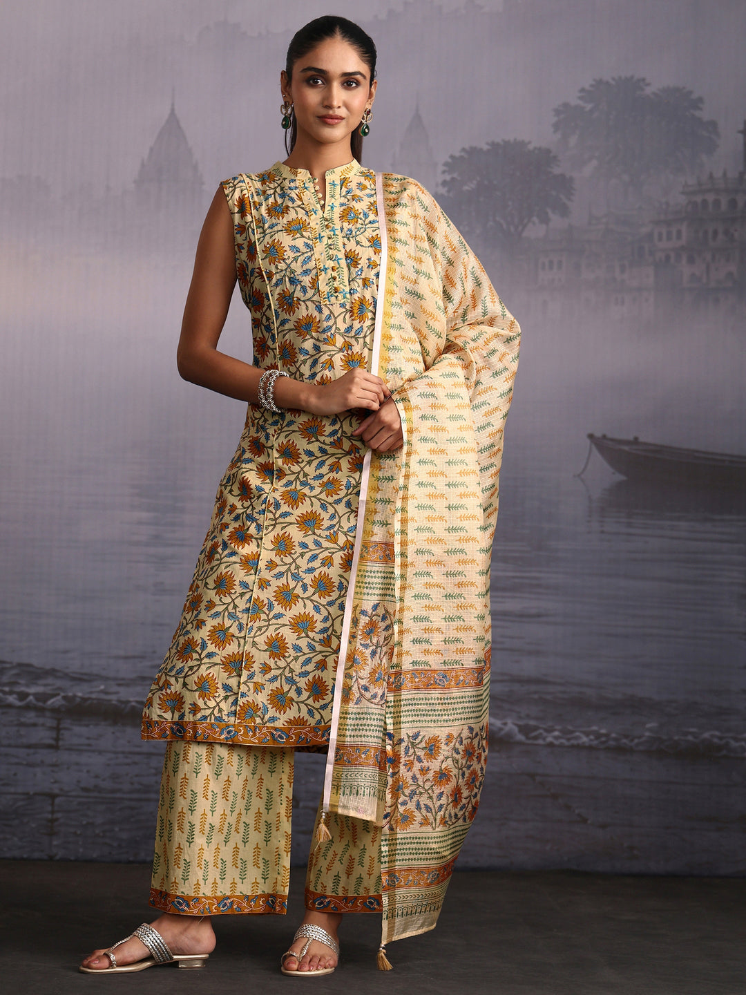  Libas Yellow Floral Printed Sleeveless Cotton Palazzo Suit Set 