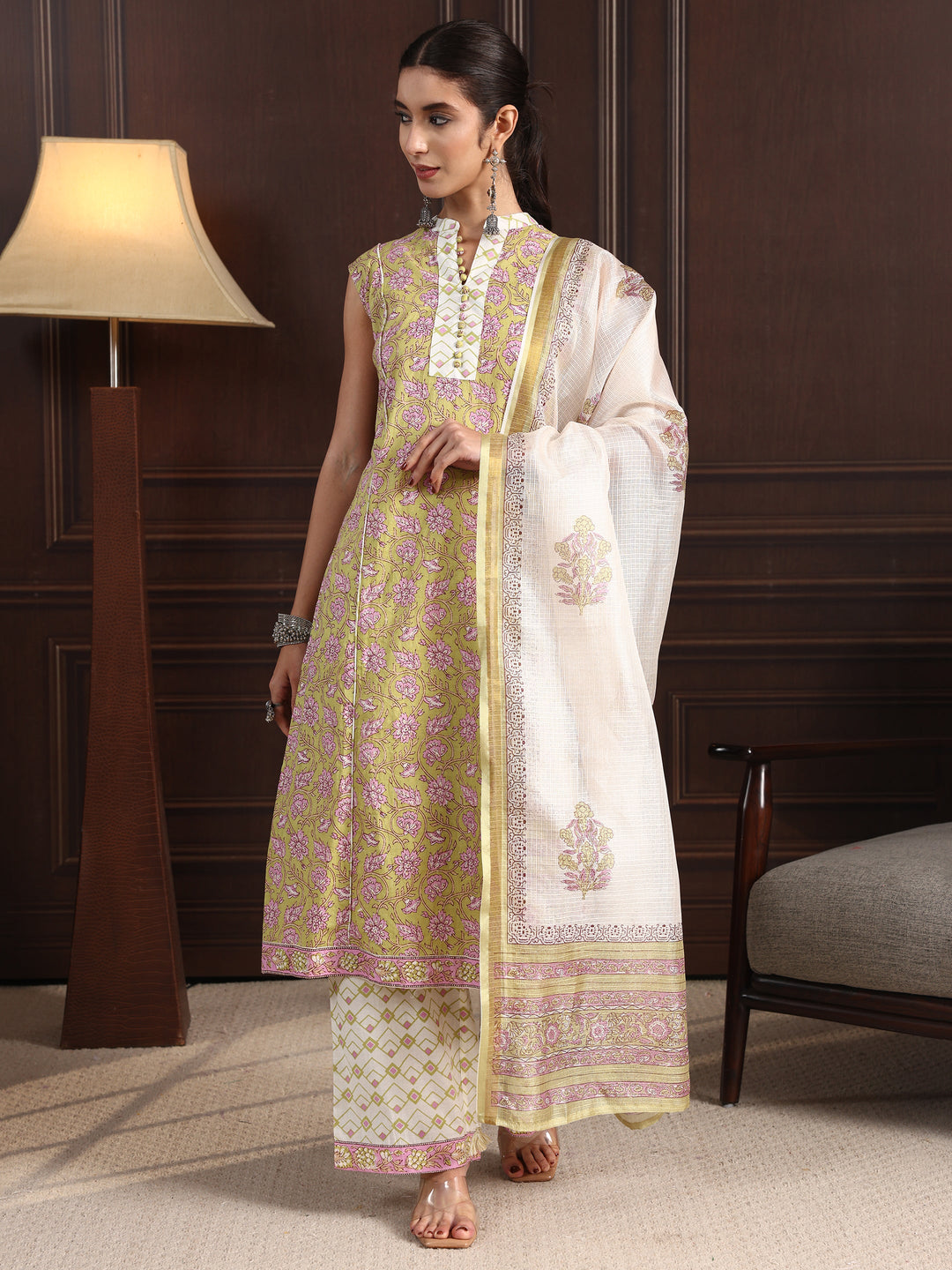  Libas Green Floral Printed Sleeveless Cotton Palazzo Suit Set 