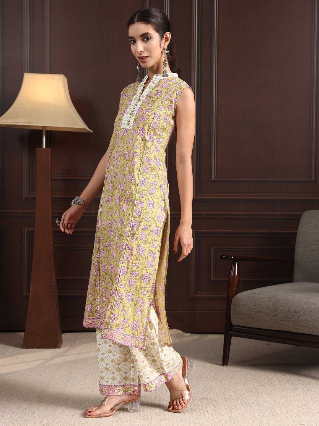  Libas Green Floral Printed Sleeveless Cotton Palazzo Suit Set 