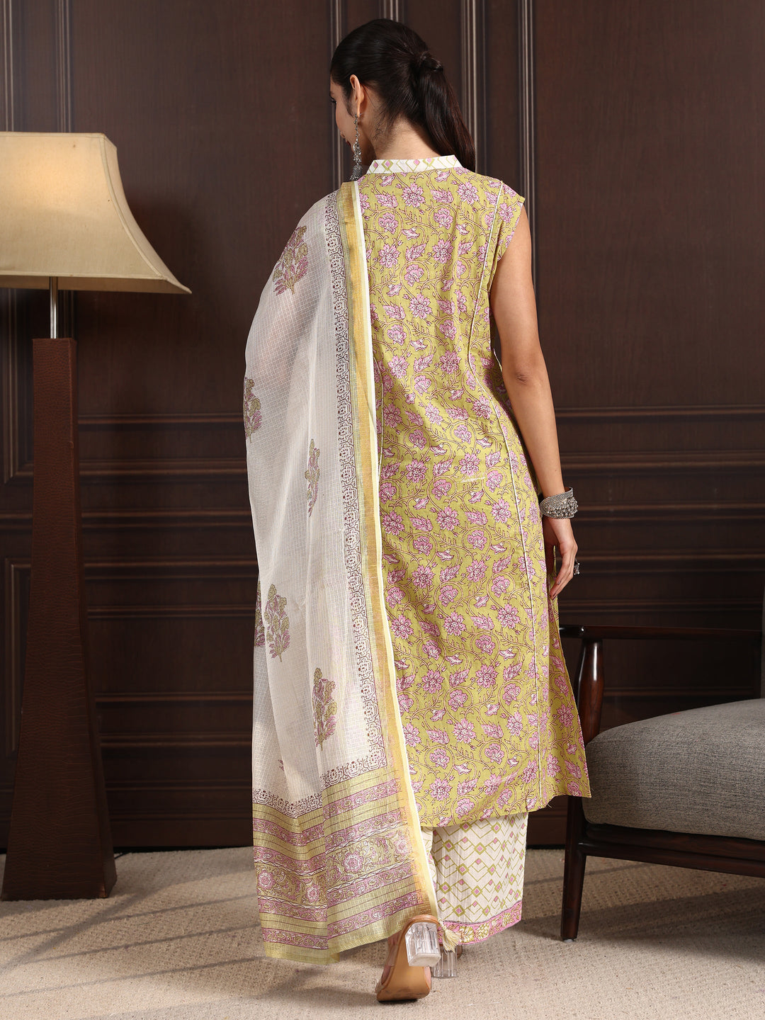  Libas Green Floral Printed Sleeveless Cotton Palazzo Suit Set 