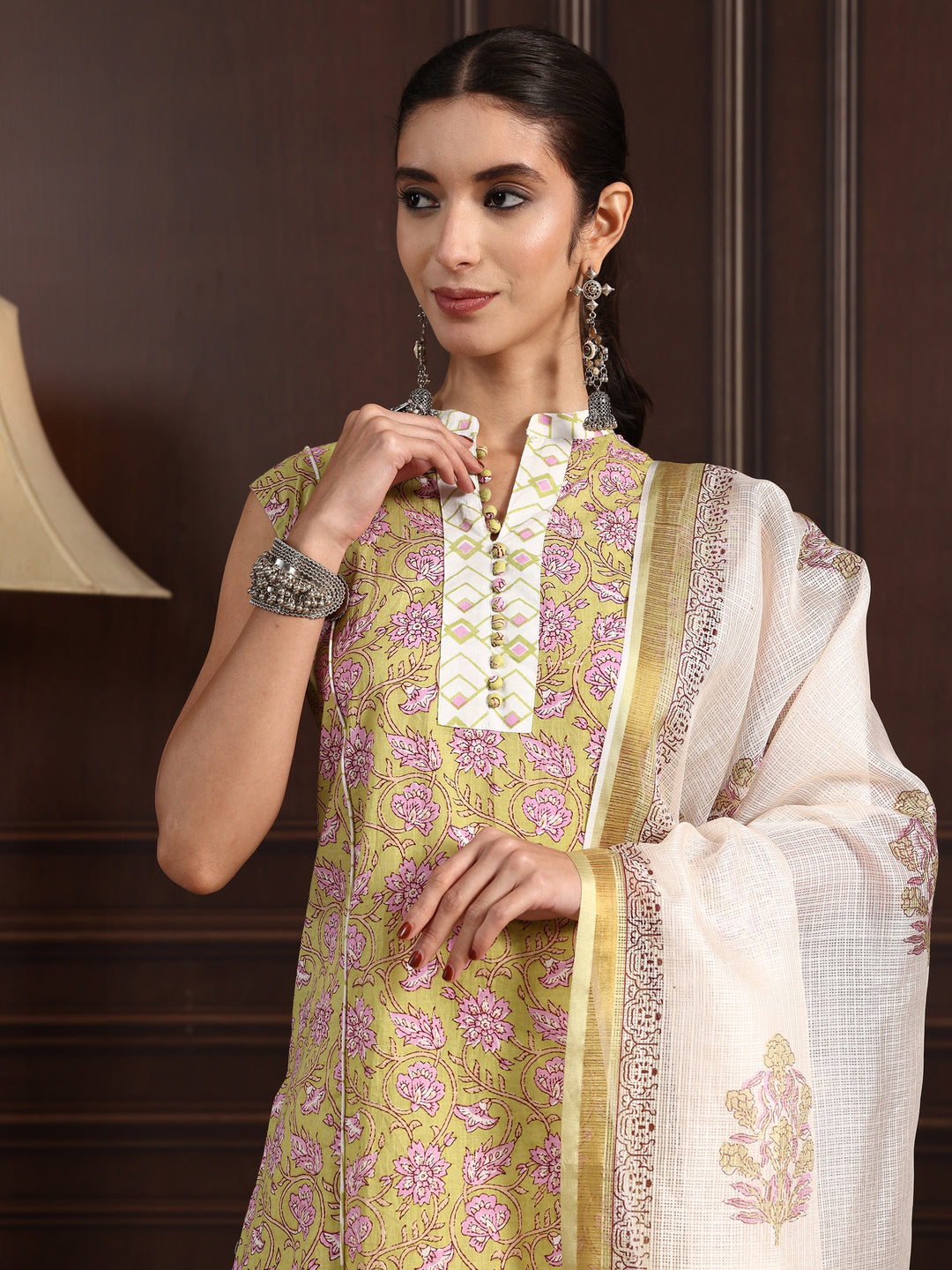  Libas Green Floral Printed Sleeveless Cotton Palazzo Suit Set 